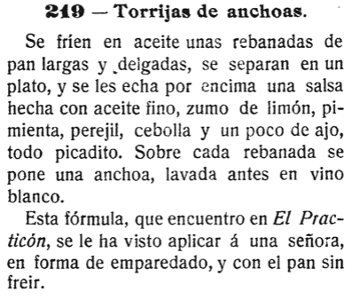 Receta de Torrijas de Anchoas, de La cocina española antigua